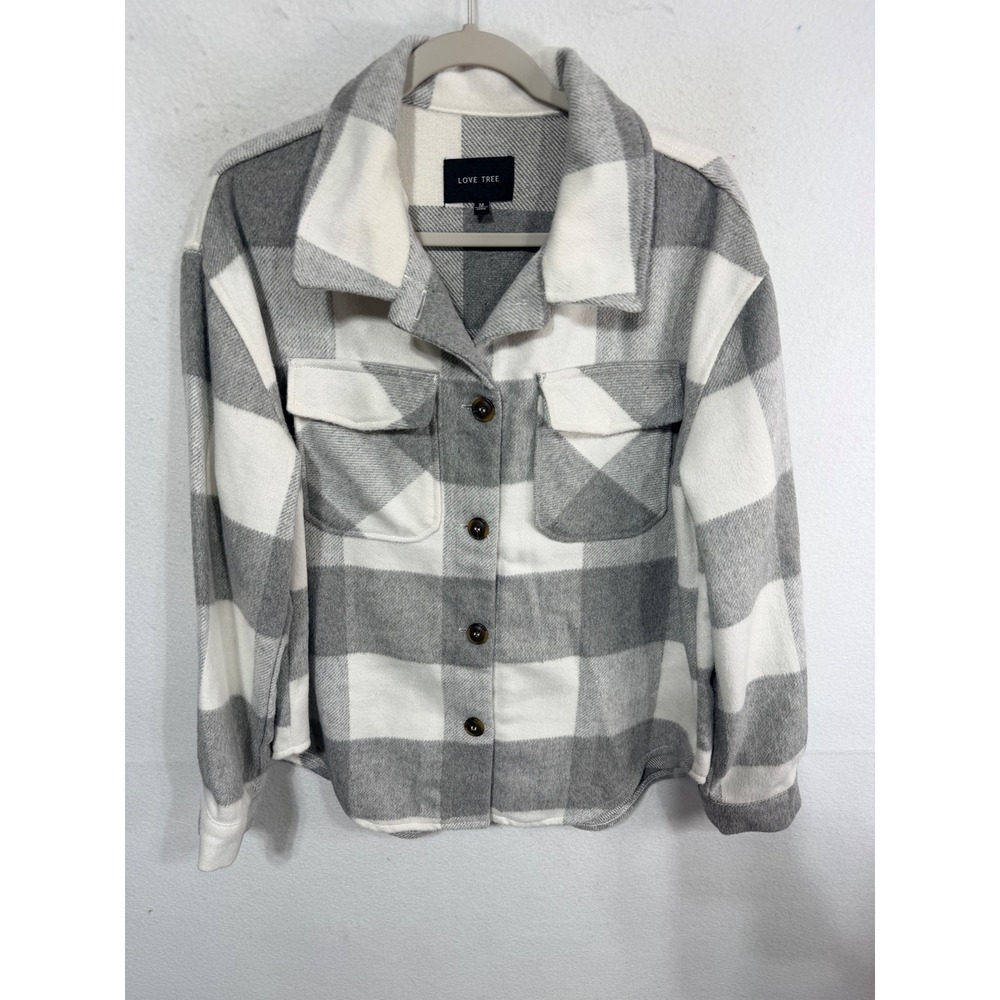 Love Tree Jacket Shacket Plaid Flannel Women's Size M Gray White Cabincore Cozy